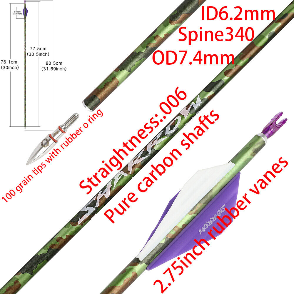 12pcs 30Inch Carbon Arrows SP340 Archery Compoundbow RecurveBow Hunting Arrows Camo